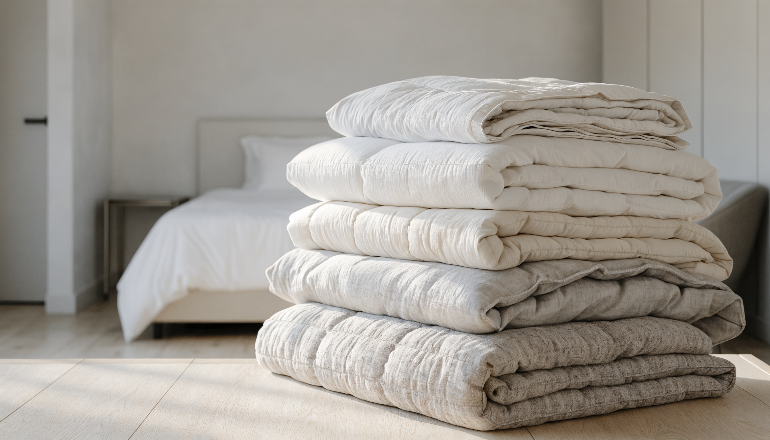 Plusieurs couettes d'épaisseurs différentes empilées dans une chambre claire Image