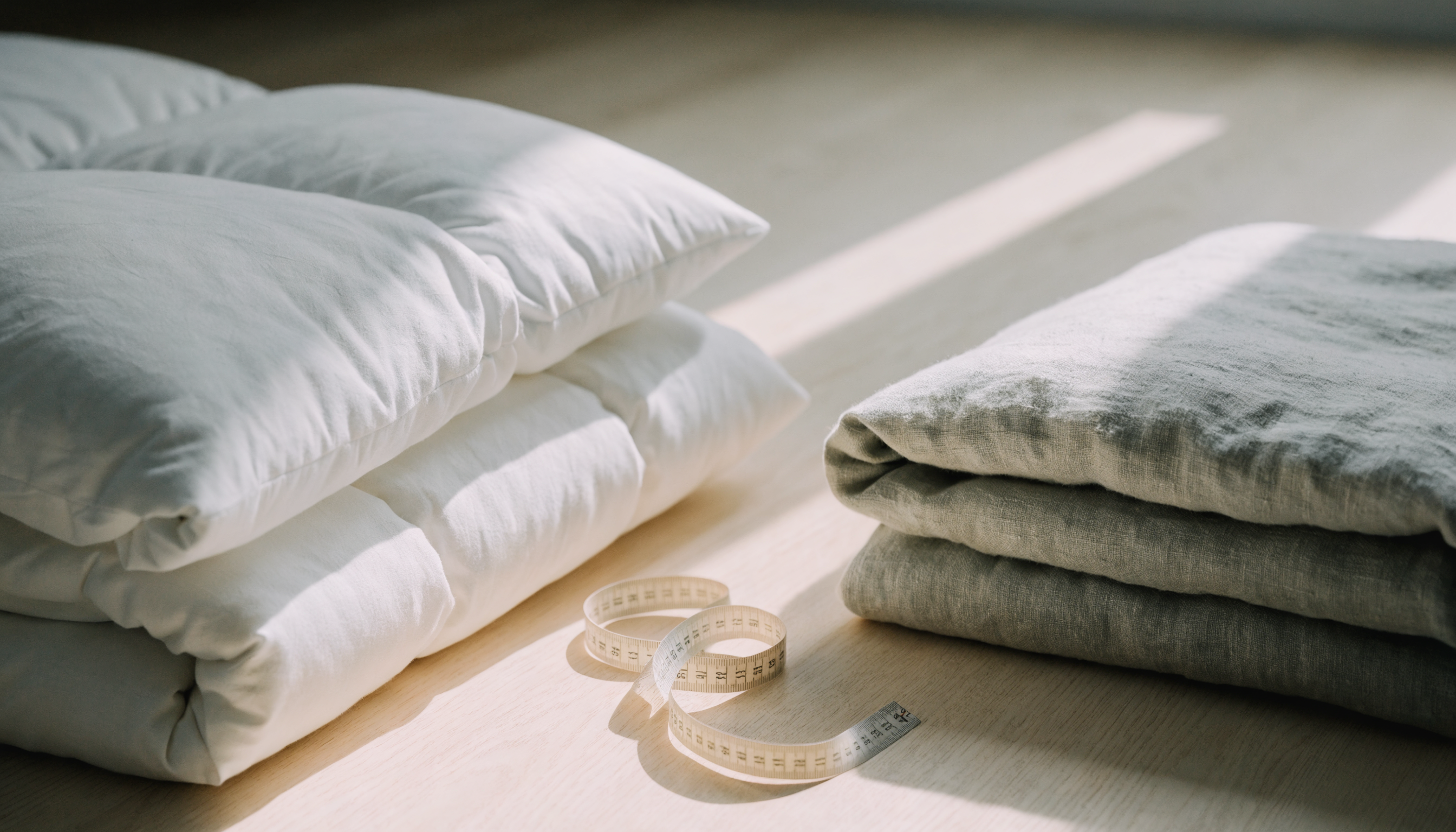 Une couette et une housse de couette pliées côte à côte avec un mètre ruban Image