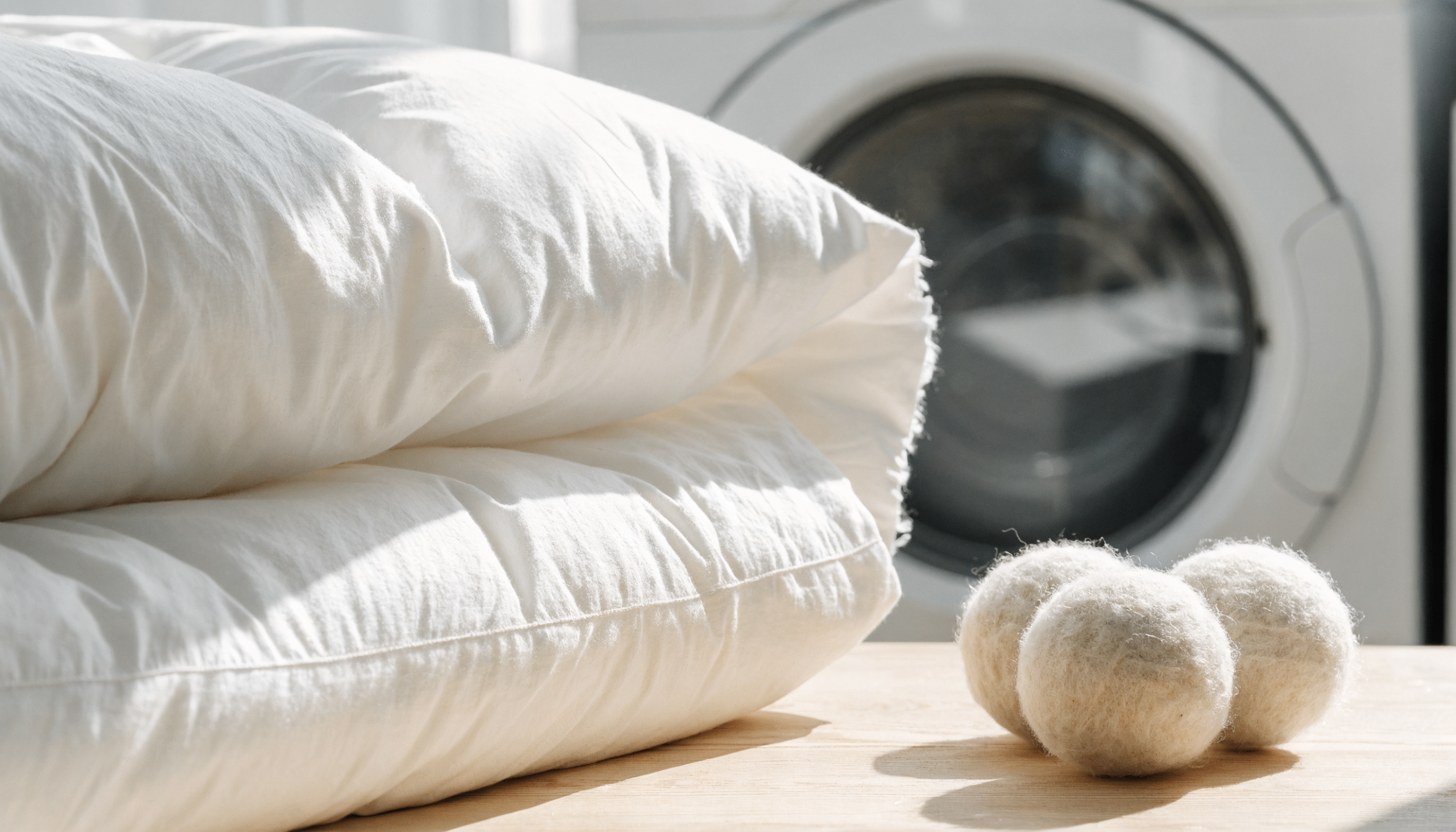 Couette blanche gonflée près d'une machine à laver, avec des balles de séchage