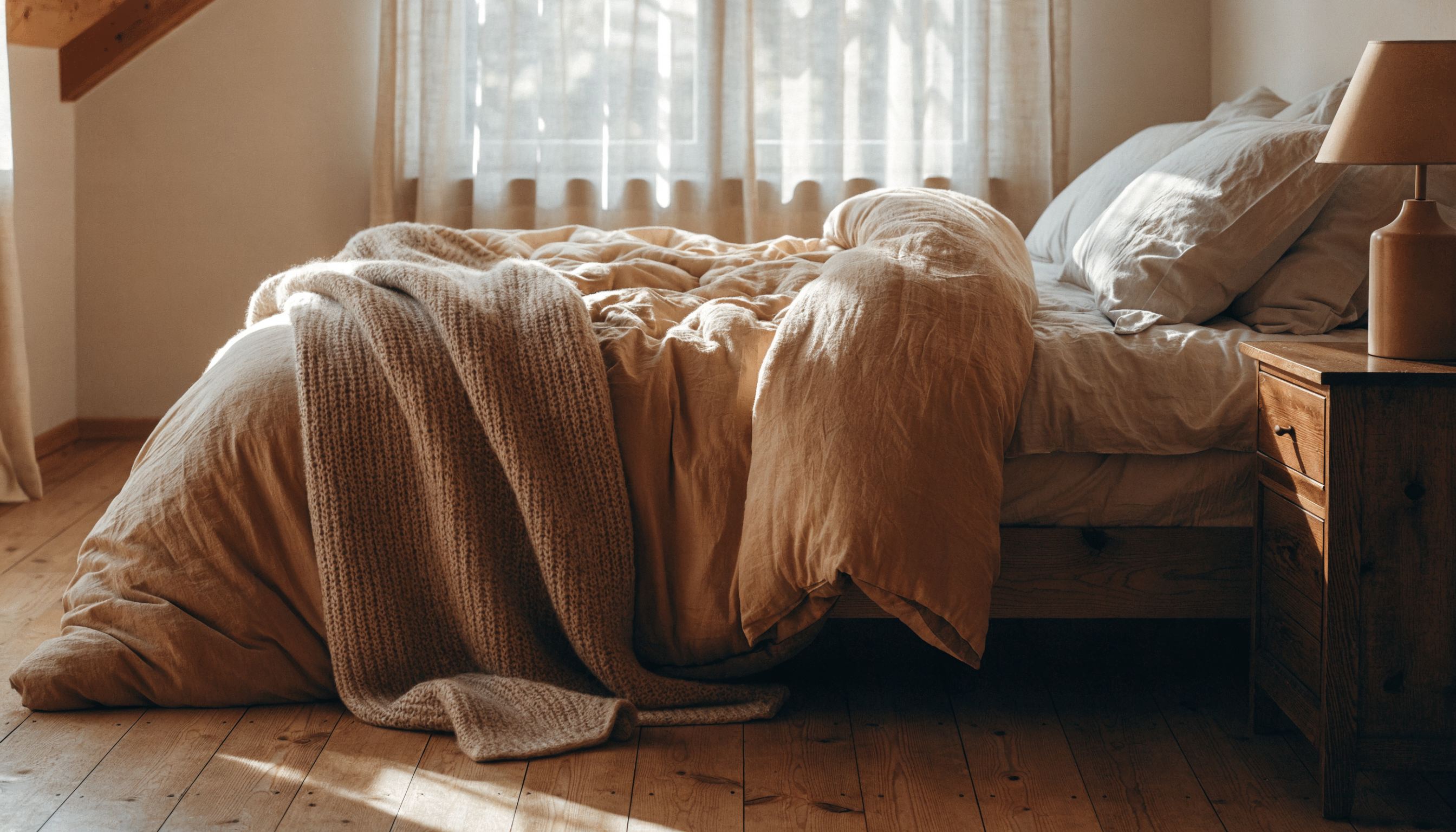 Lit avec une couette chaude ouverte dans une chambre cosy Image