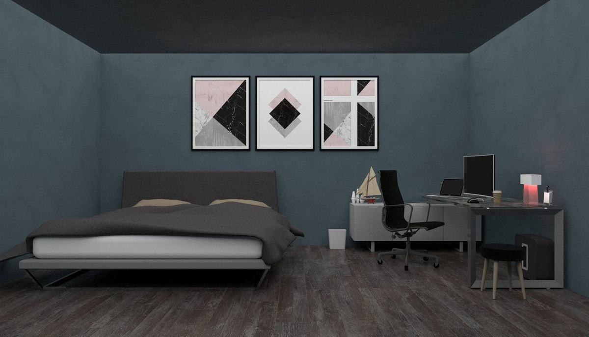 Chambre aux murs sombres avec lit fait, linge de lit clair et coin bureau près de la fenêtre Image