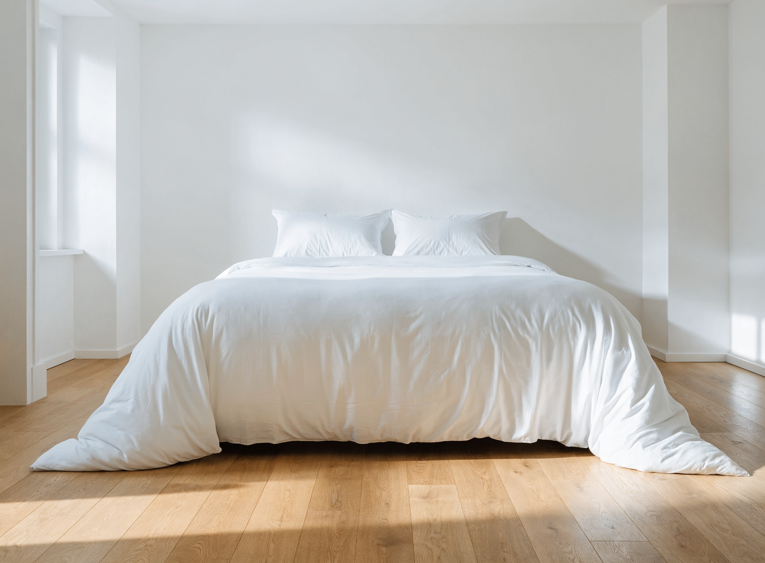 Housse de couette blanche 220x240 retombant des deux côtés du lit Image