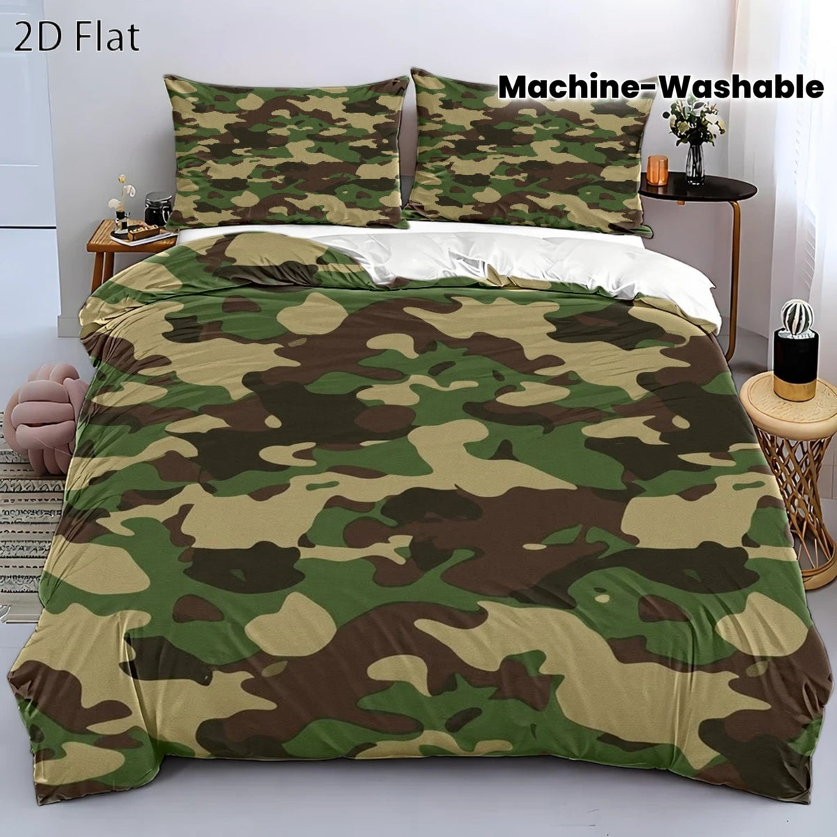 Housse de couette camouflage militaire, parure 3 pièces kaki