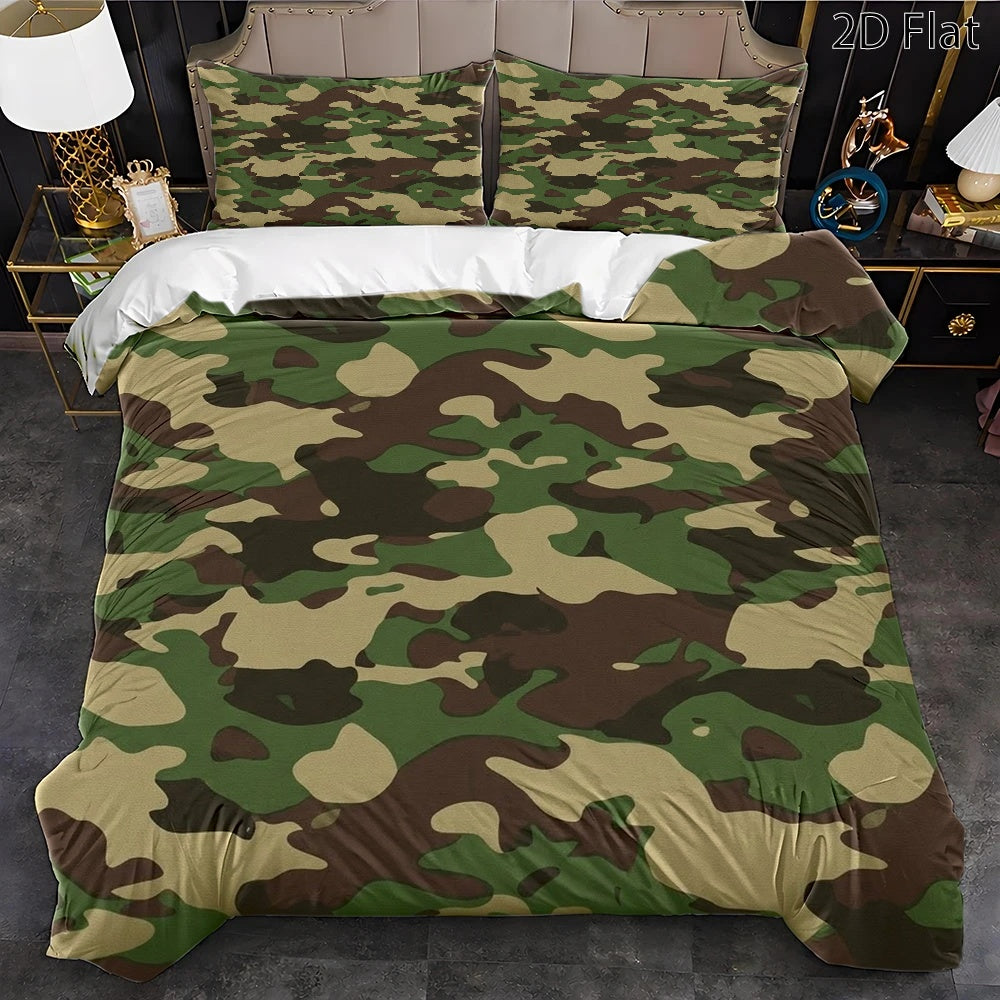 Housse de couette camouflage militaire, parure 3 pièces kaki
