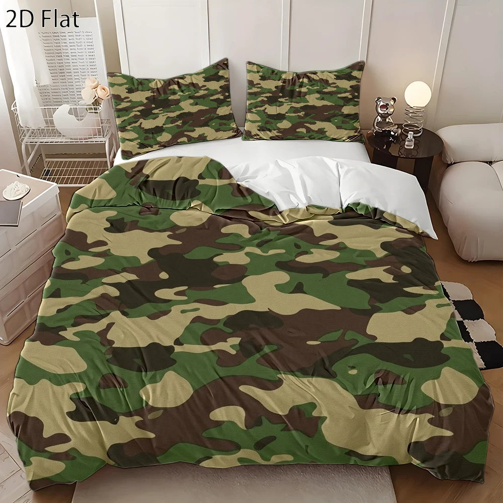 Housse de couette camouflage militaire, parure 3 pièces kaki