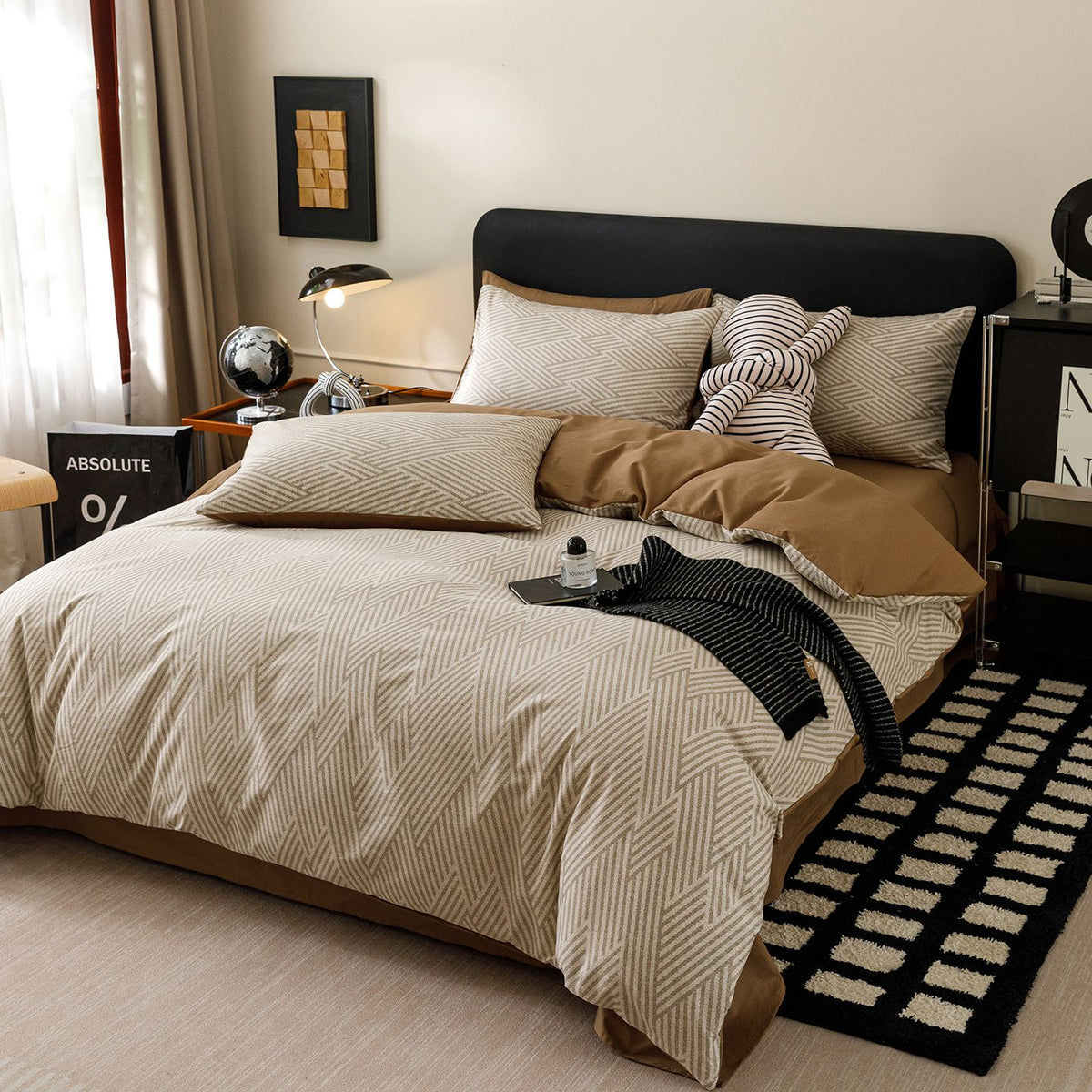 Housse de couette en coton chevron beige, revers caramel