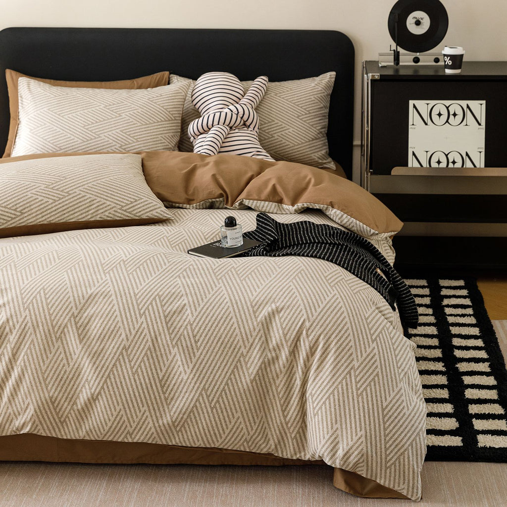 Housse de couette en coton chevron beige, revers caramel