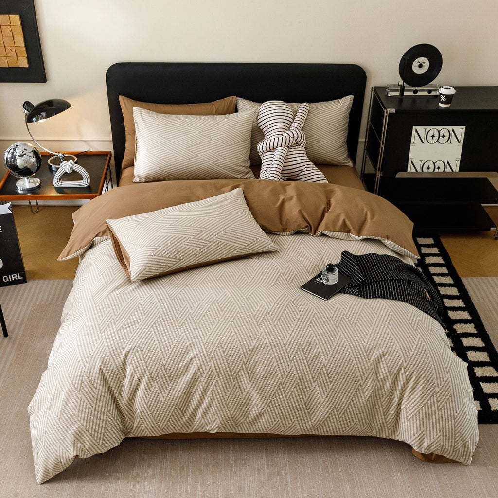 Housse de couette en coton chevron beige, revers caramel