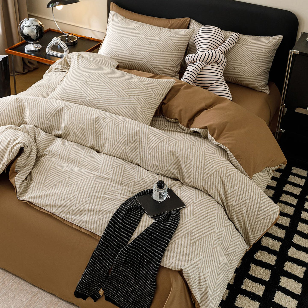 Housse de couette en coton chevron beige, revers caramel