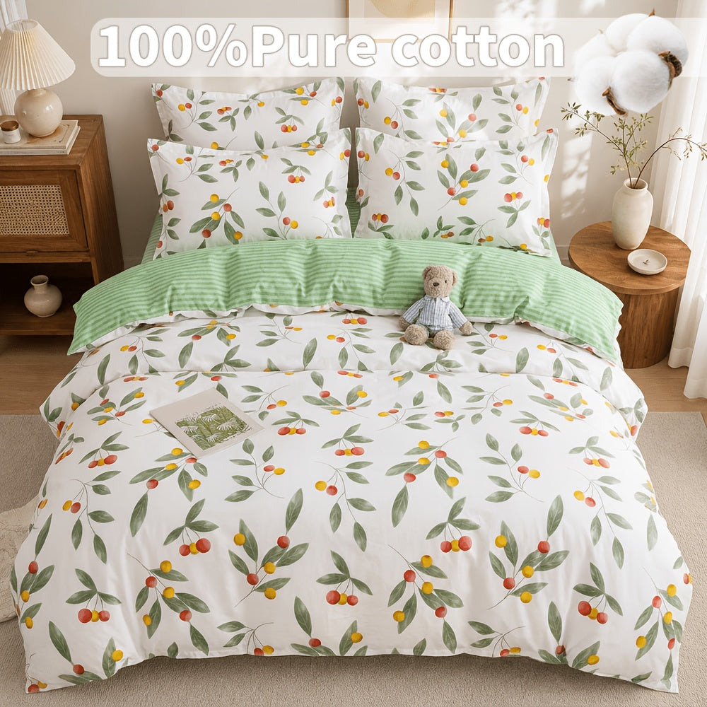 Housse de couette coton fleurie champêtre, revers vichy