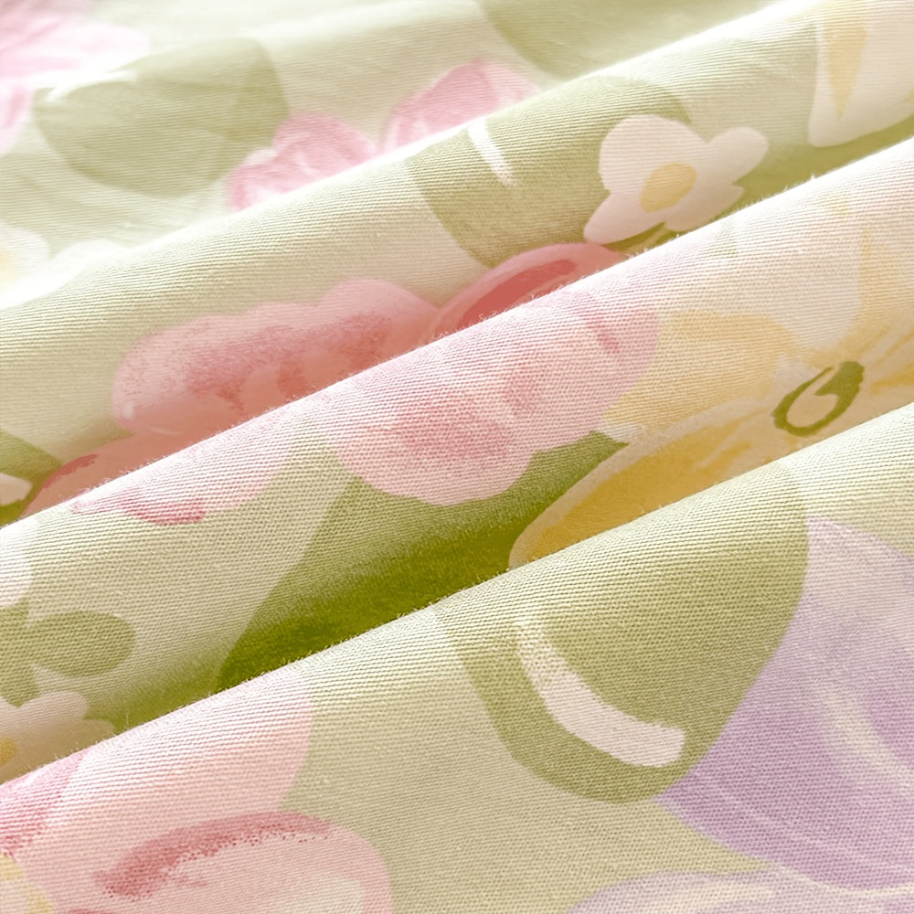 Housse de couette coton fleurie champêtre, revers vichy