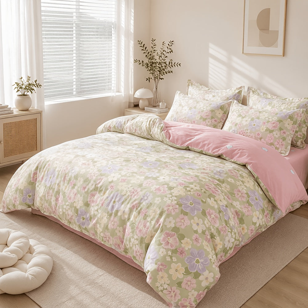 Housse de couette coton fleurie champêtre, revers vichy