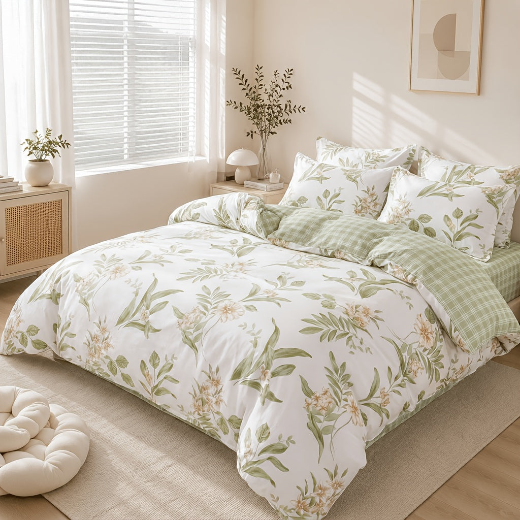 Housse de couette coton fleurie champêtre, revers vichy