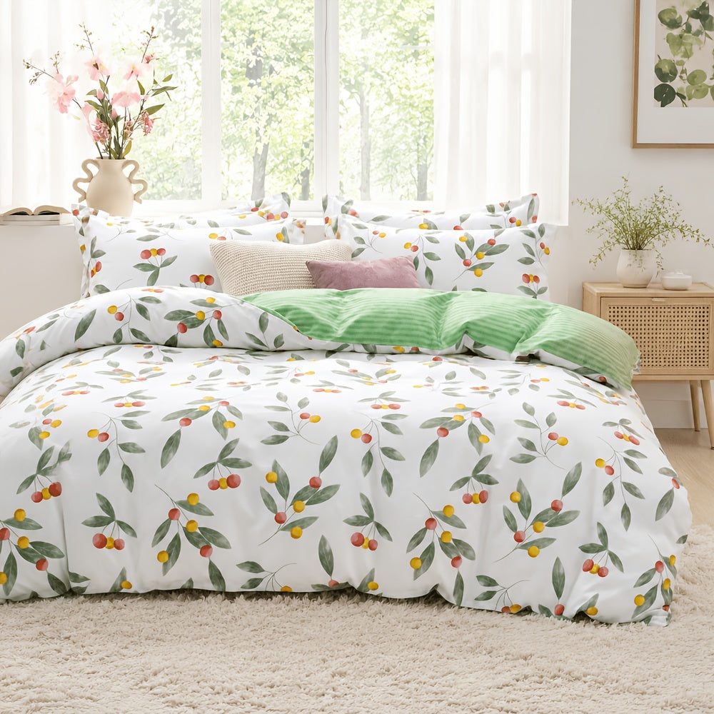 Housse de couette coton fleurie champêtre, revers vichy