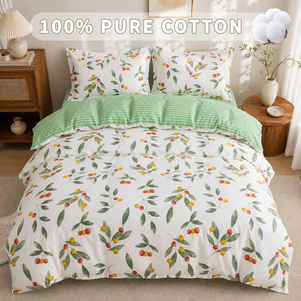 Housse de couette coton fleurie champêtre, revers vichy