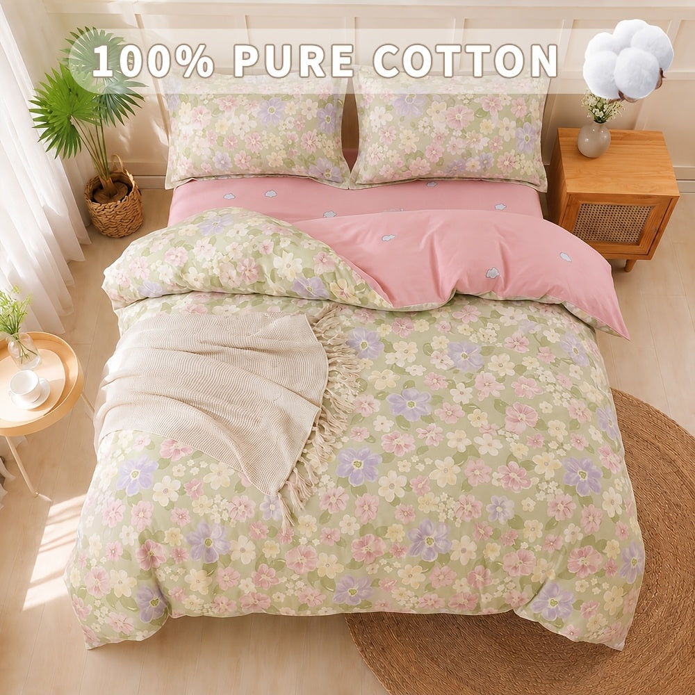 Housse de couette coton fleurie champêtre, revers vichy