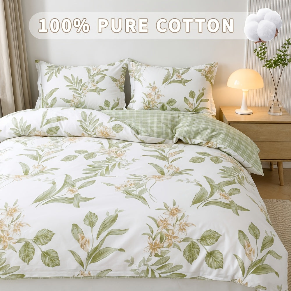 Housse de couette coton fleurie champêtre, revers vichy