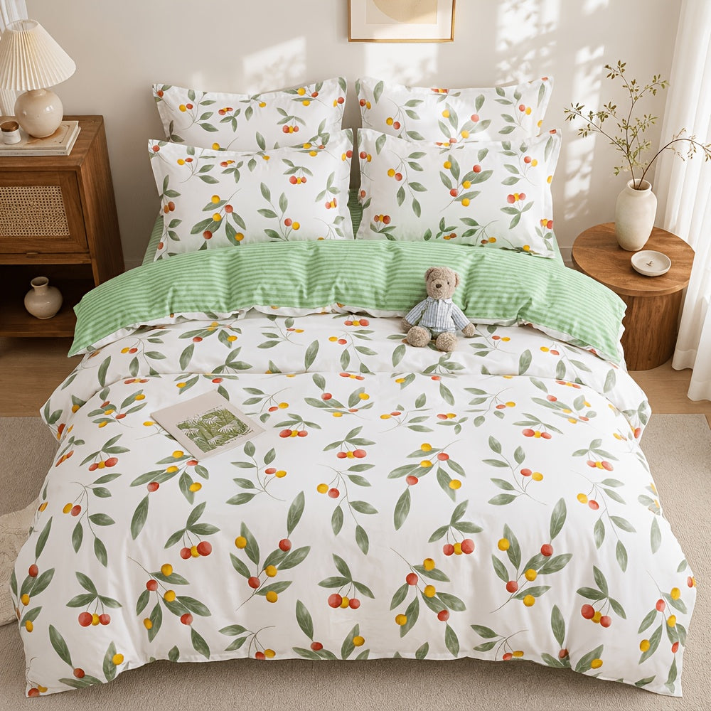 Housse de couette coton fleurie champêtre, revers vichy