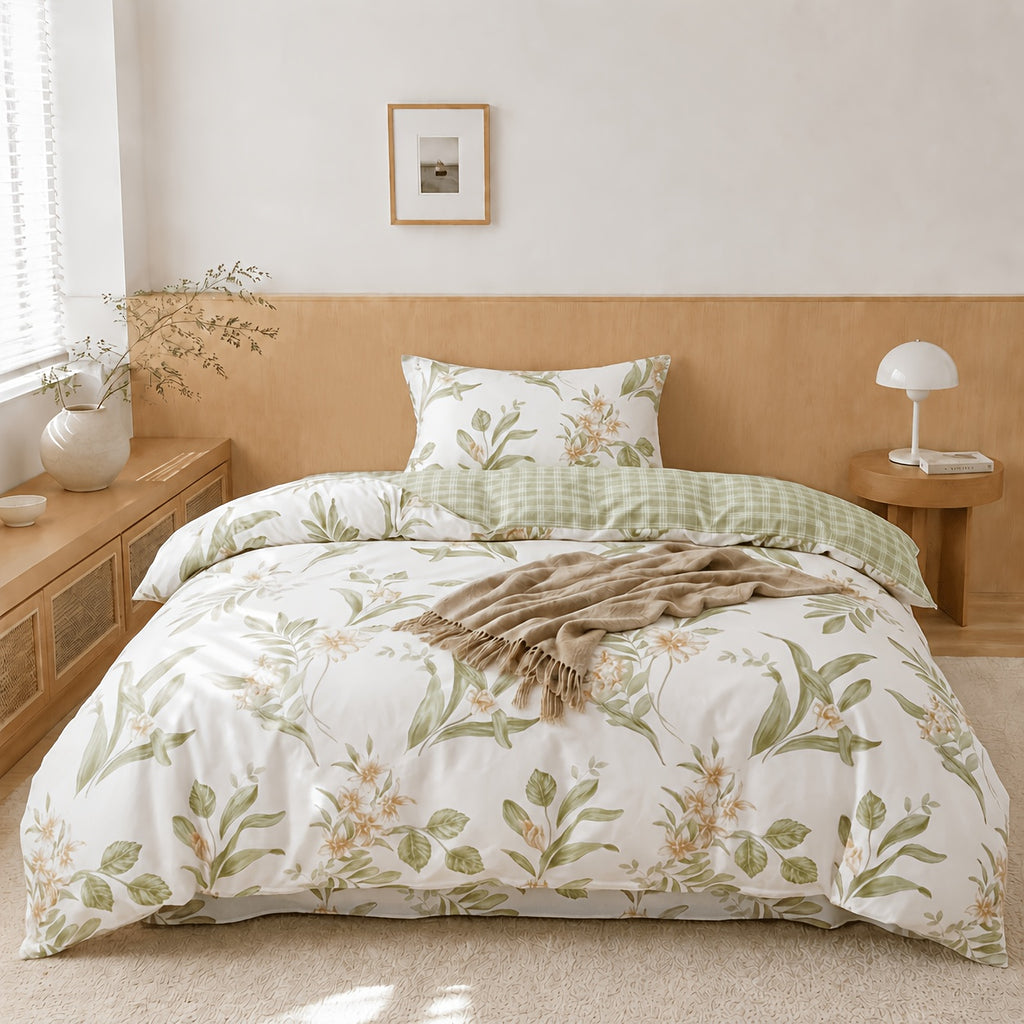 Taie d'oreiller en Coton Pur Fleur et Feuille de Plante Verte 50*75 / 135cm*200cm