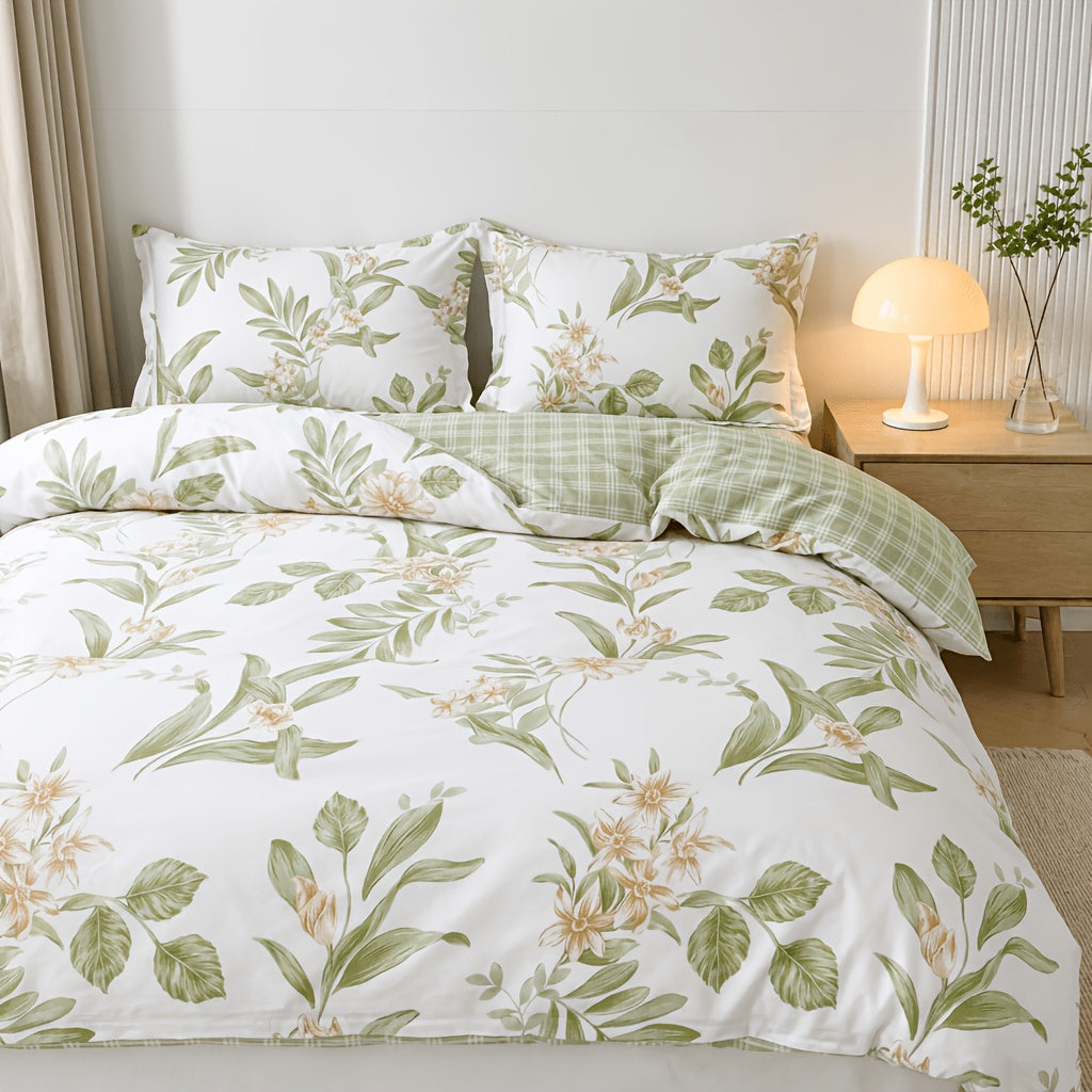 Housse de couette coton fleurie champêtre, revers vichy
