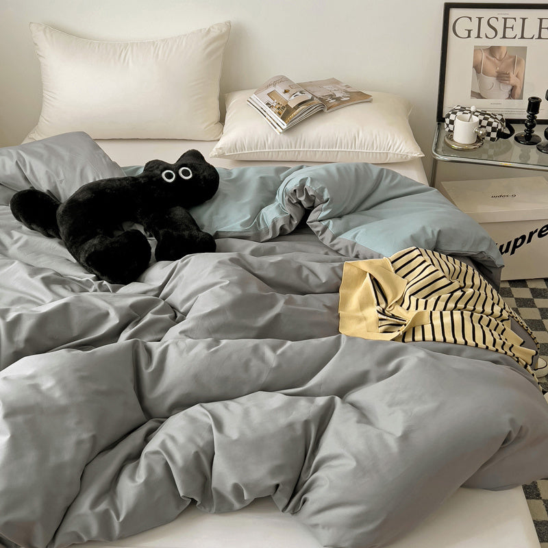 Housse de couette réversible en coton gris uni, revers bleu