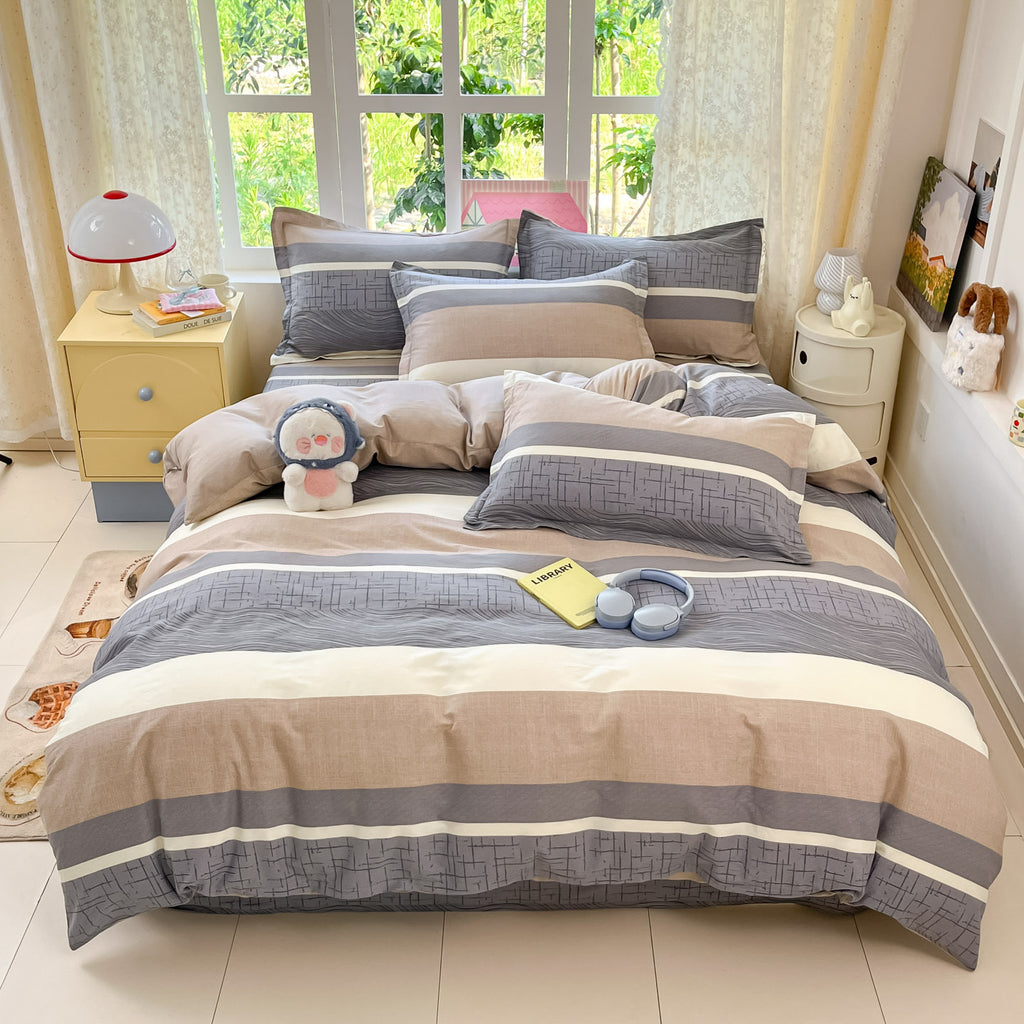 Housse de couette en coton à larges bandes grises et taupe