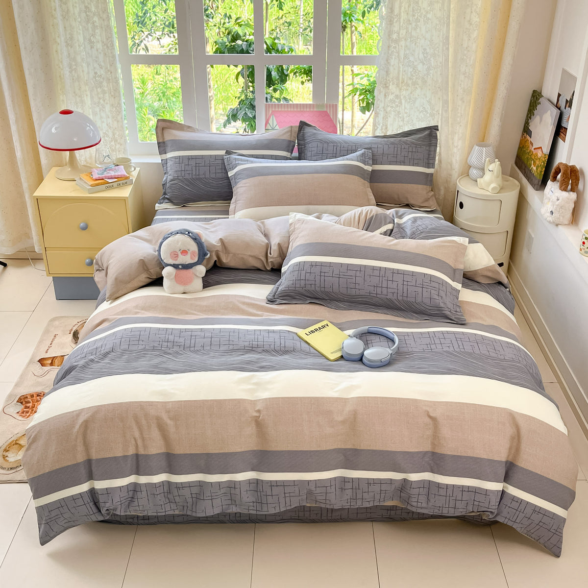 Housse de couette en coton à larges bandes grises et taupe