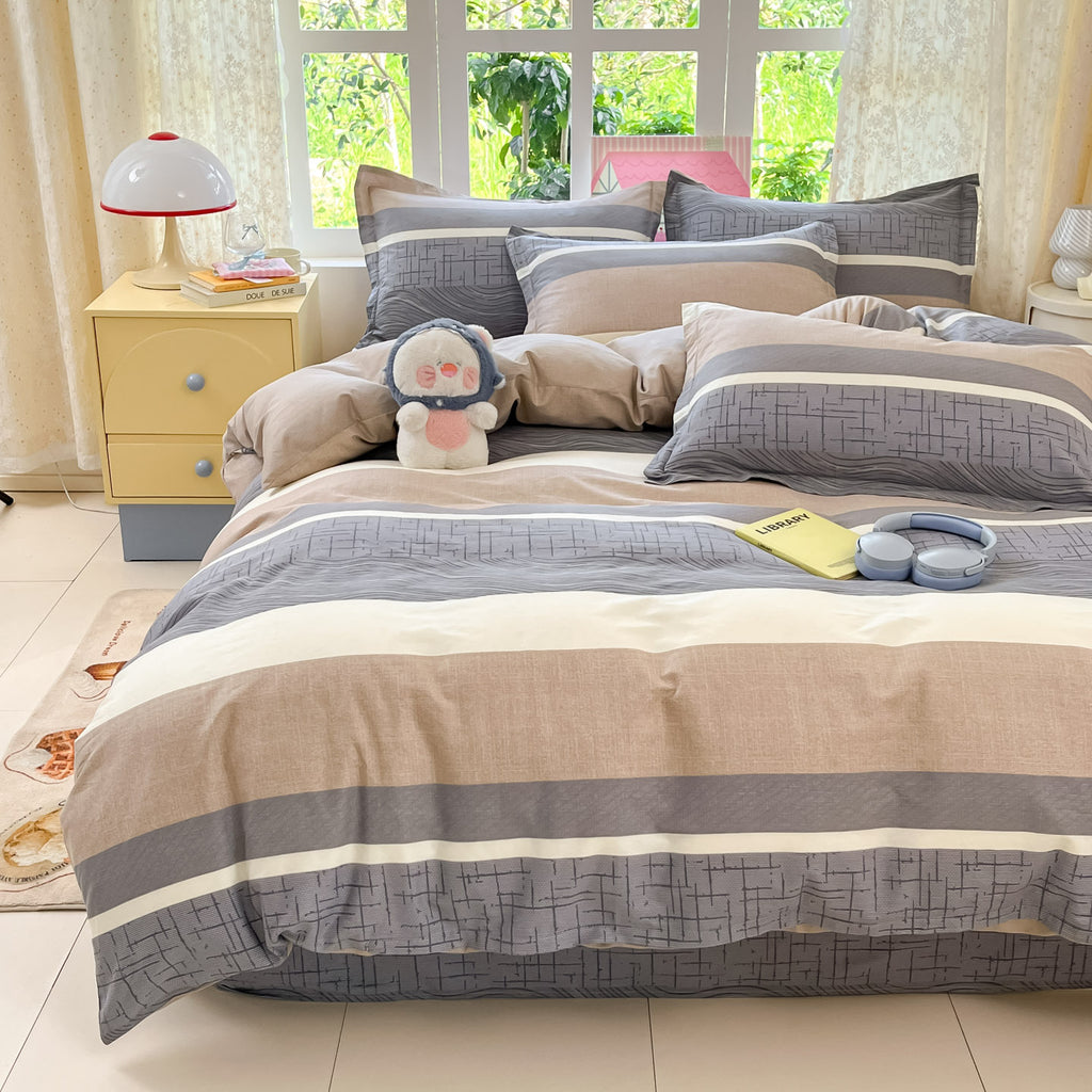 Housse de couette en coton à larges bandes grises et taupe