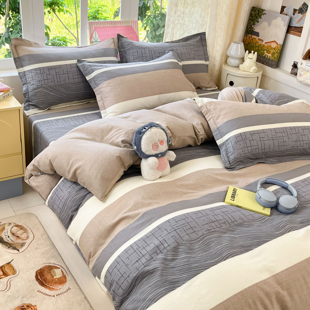 Housse de couette en coton à larges bandes grises et taupe