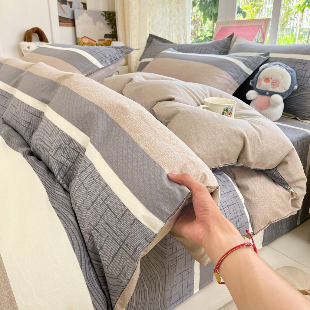 Housse de couette en coton à larges bandes grises et taupe
