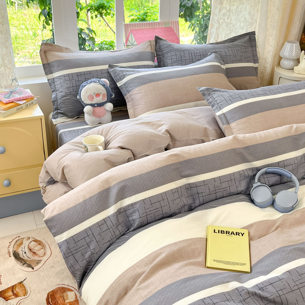 Housse de couette en coton à larges bandes grises et taupe