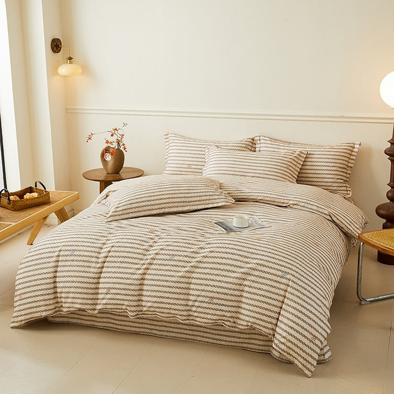 Housse de couette coton à rayures obliques beige et crème
