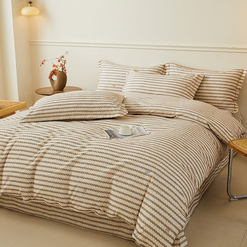 Housse de couette coton à rayures obliques beige et crème