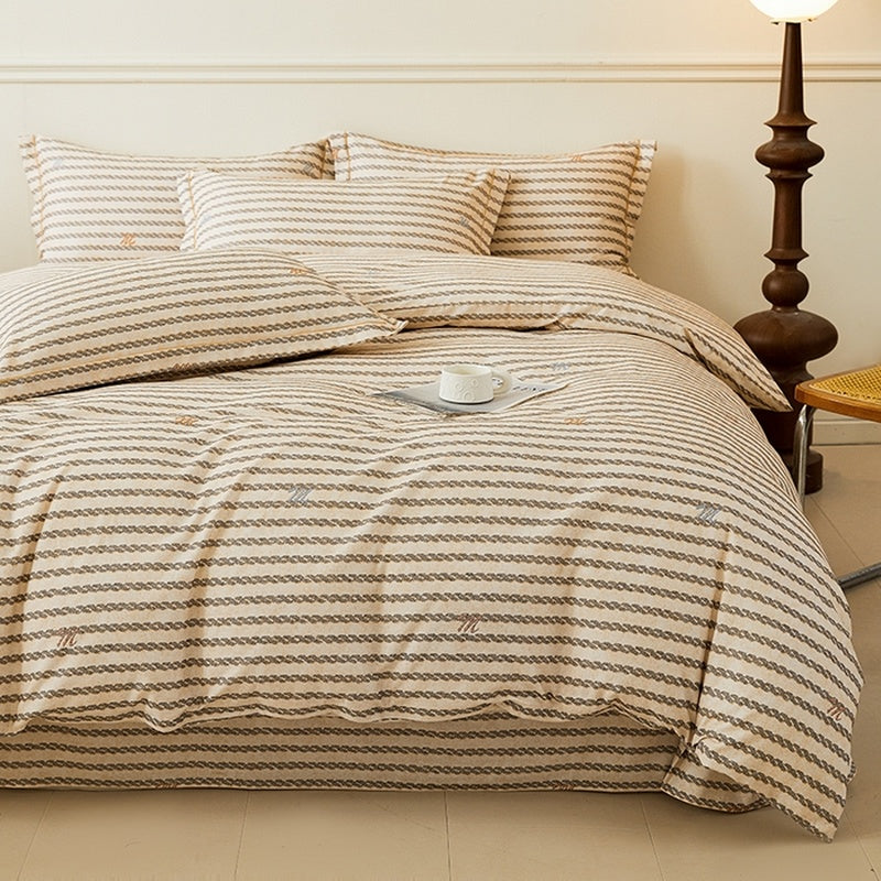 Housse de couette coton à rayures obliques beige et crème
