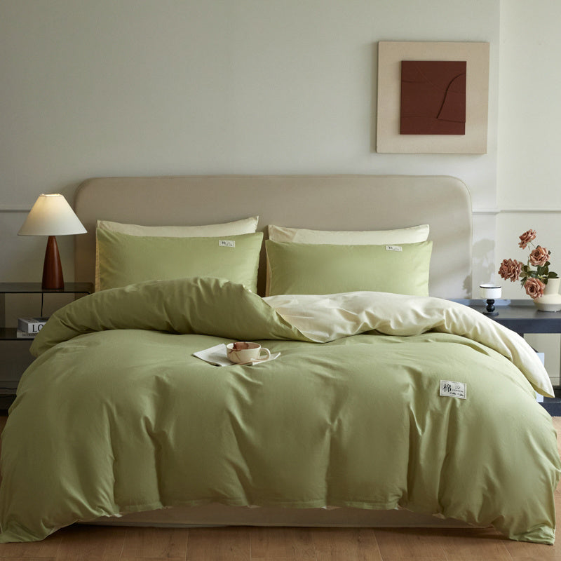 Housse de couette réversible vert tendre et crème, coton