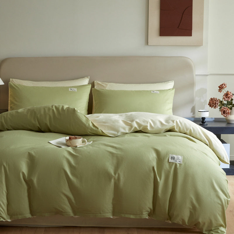 Housse de couette réversible vert tendre et crème, coton