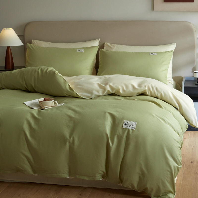 Housse de couette réversible vert tendre et crème, coton
