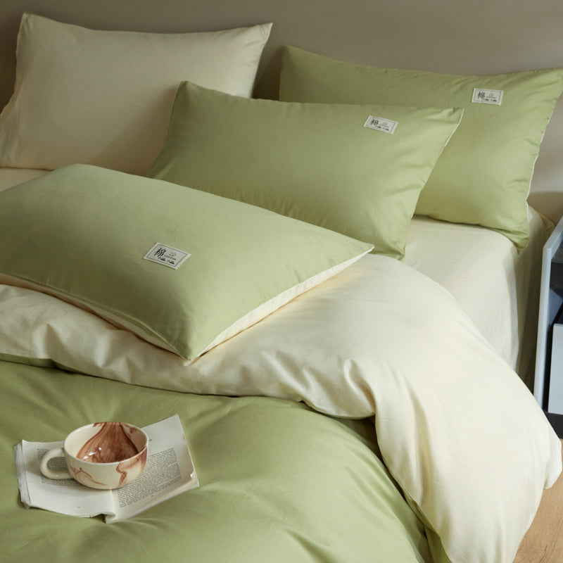 Housse de couette réversible vert tendre et crème, coton