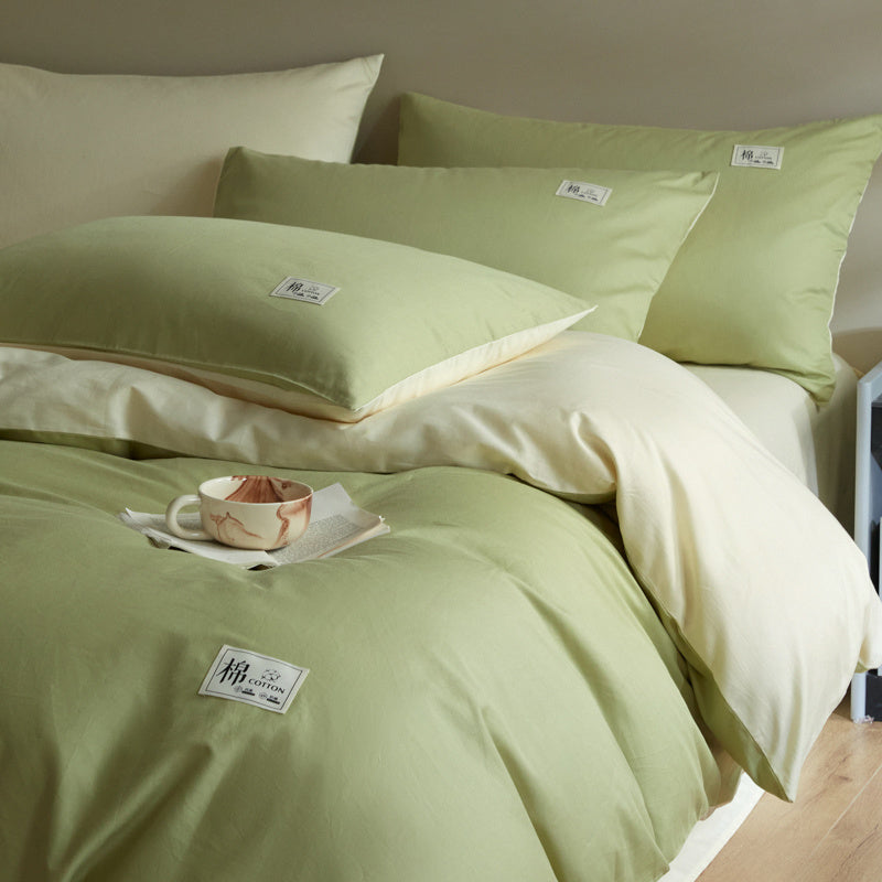 Housse de couette réversible vert tendre et crème, coton
