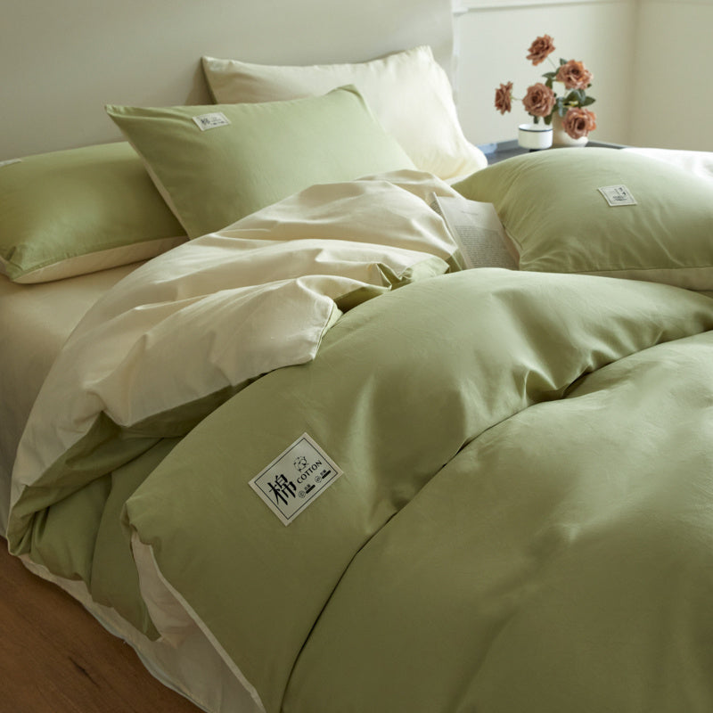 Housse de couette réversible vert tendre et crème, coton