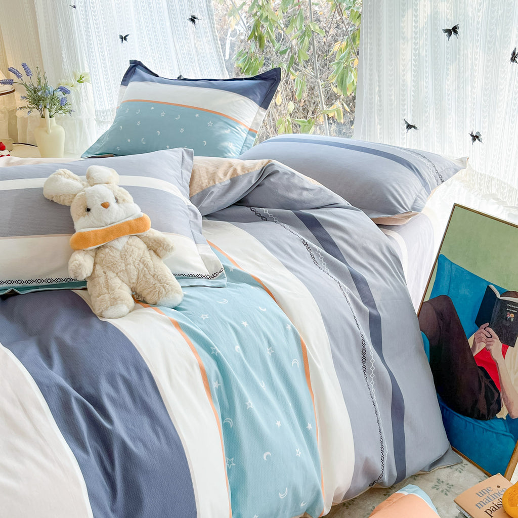 Housse de couette 100 % coton sergé, larges bandes colorées