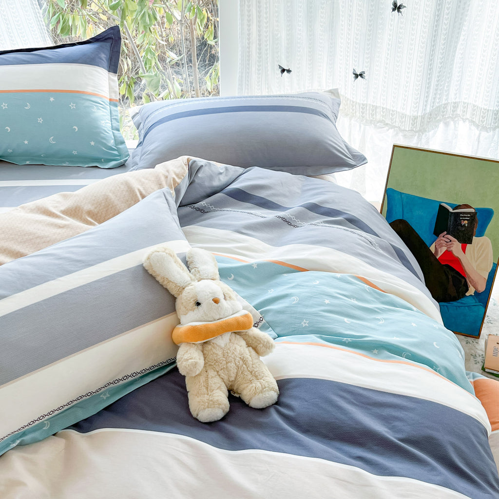 Housse de couette 100 % coton sergé, larges bandes colorées