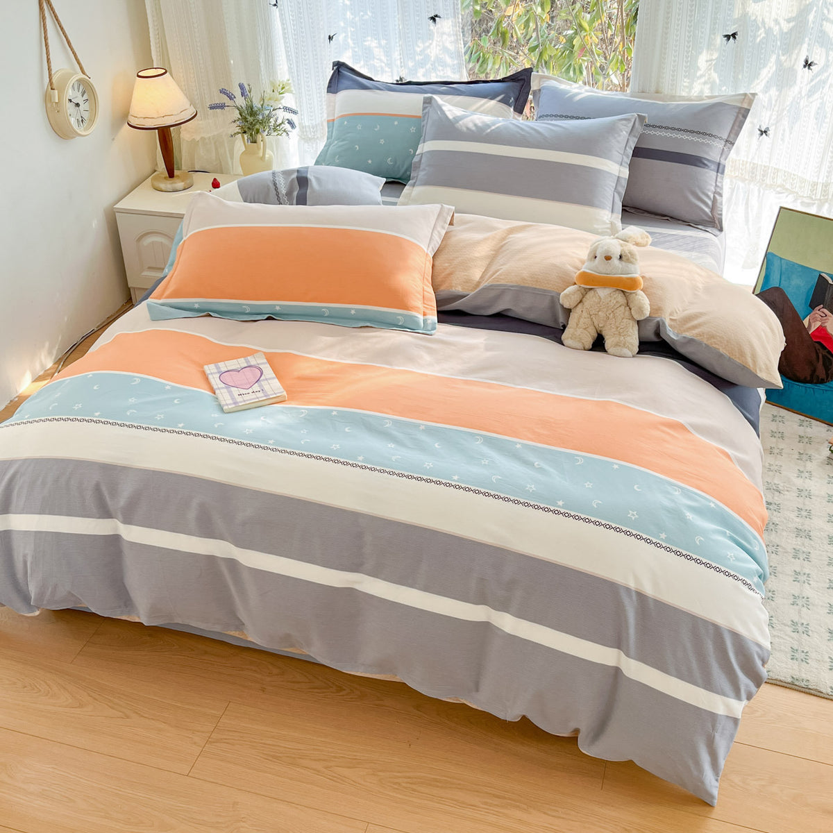 Housse de couette 100 % coton sergé, larges bandes colorées