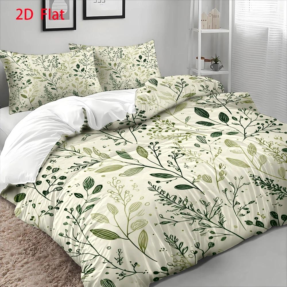 Housse de couette crème à feuillage vert peint à la main