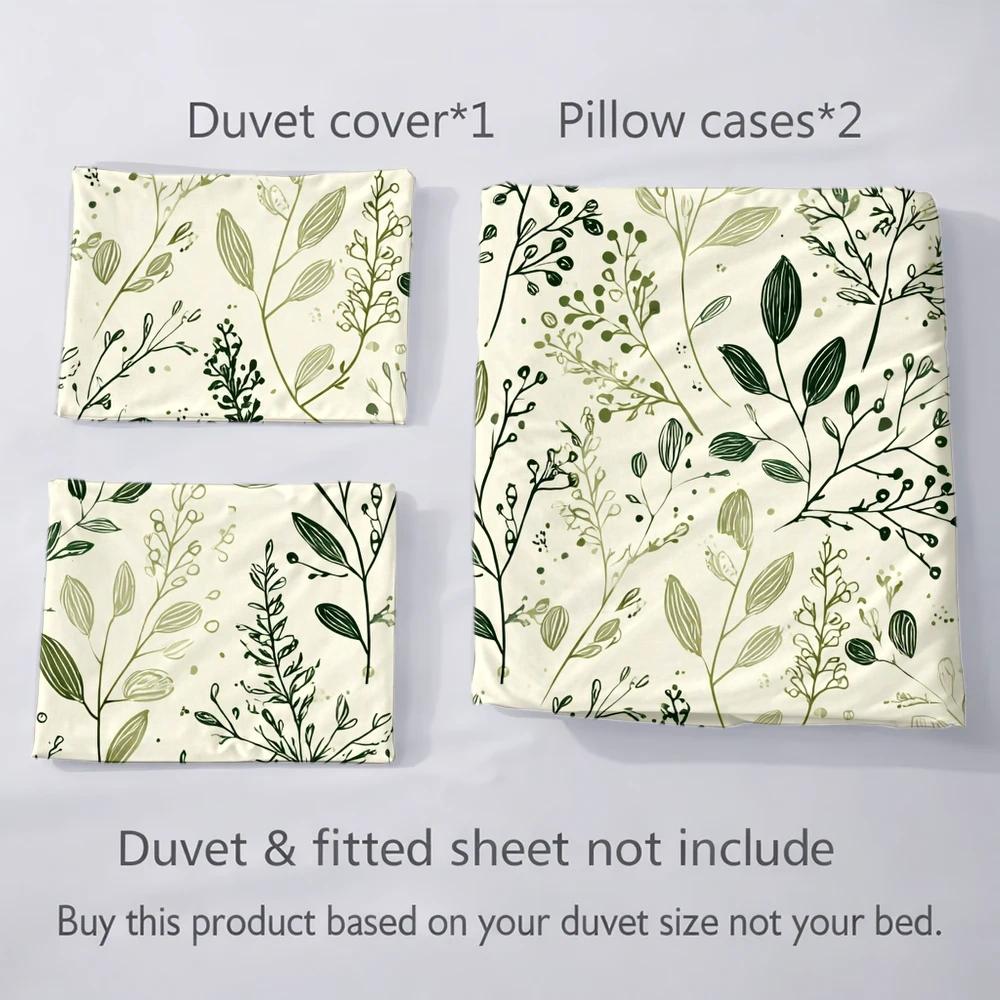Housse de couette crème à feuillage vert peint à la main
