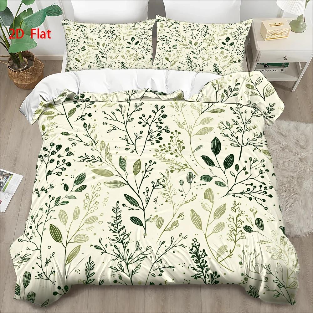 Housse de couette crème à feuillage vert peint à la main