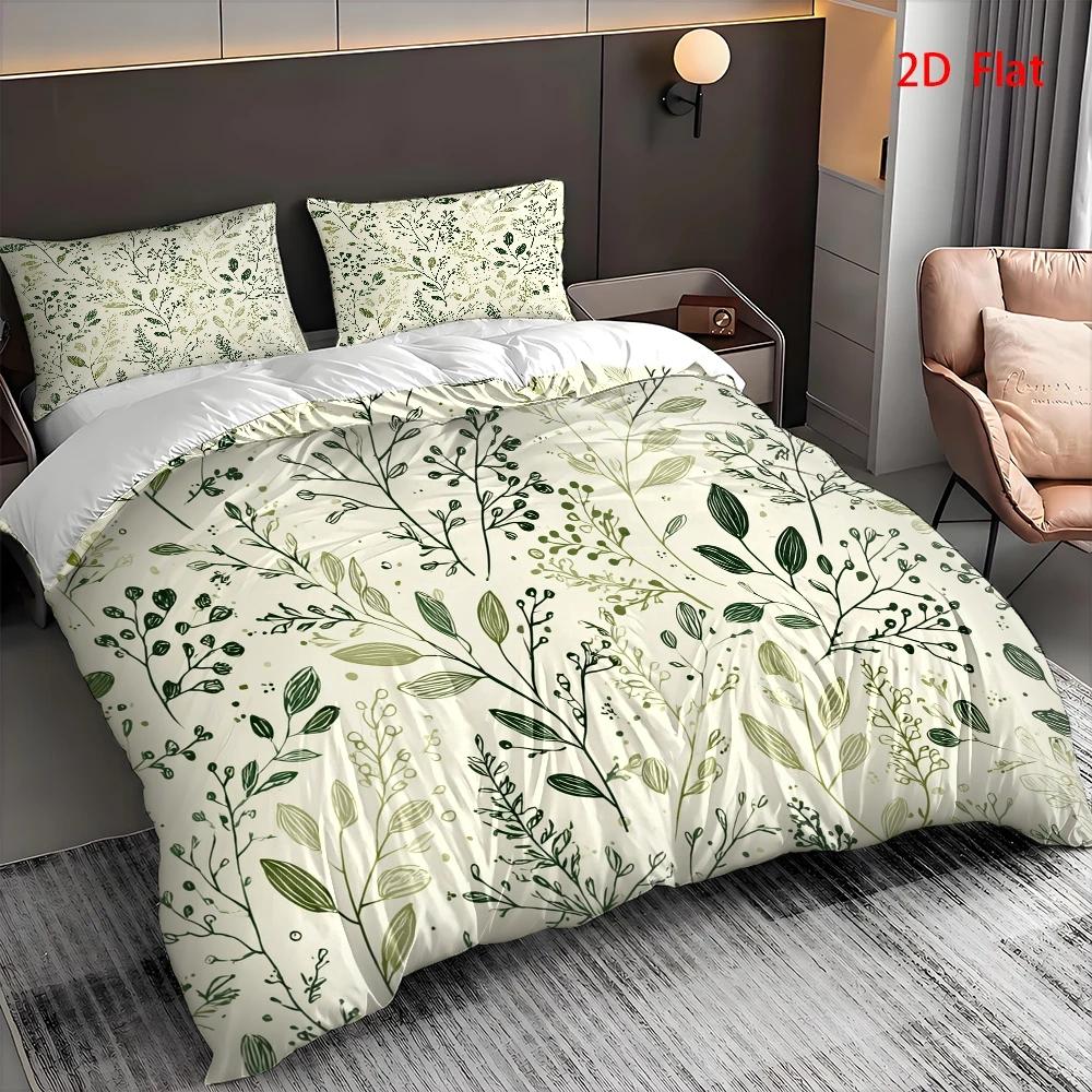 Housse de couette crème à feuillage vert peint à la main