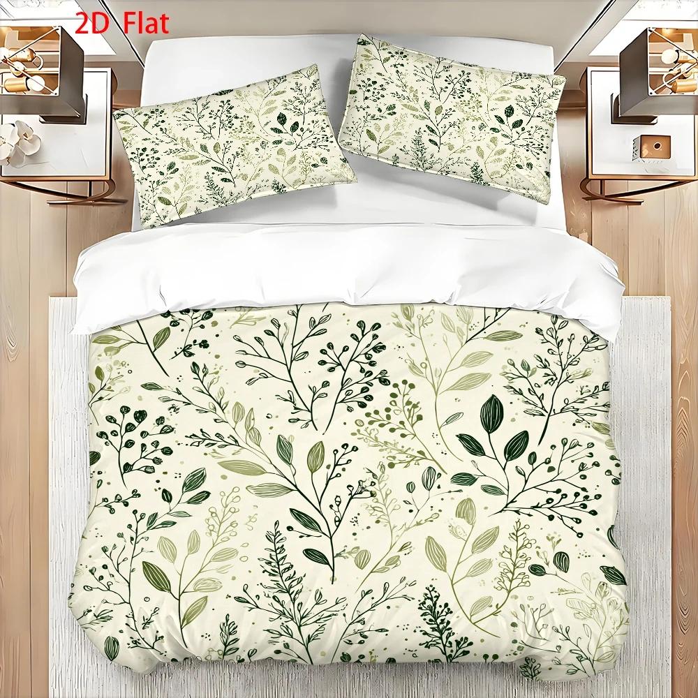 Housse de couette crème à feuillage vert peint à la main