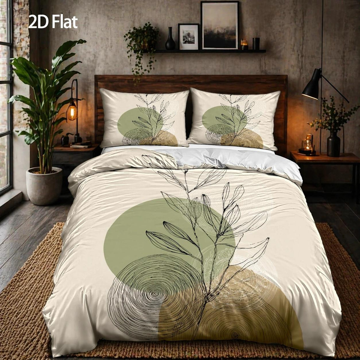 Housse de couette écrue motif végétal minimaliste au trait