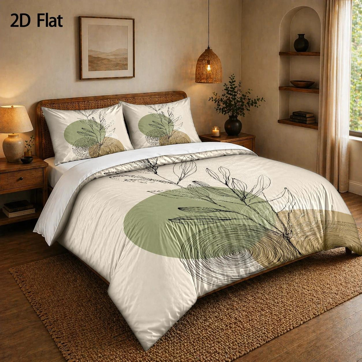 Housse de couette écrue motif végétal minimaliste au trait